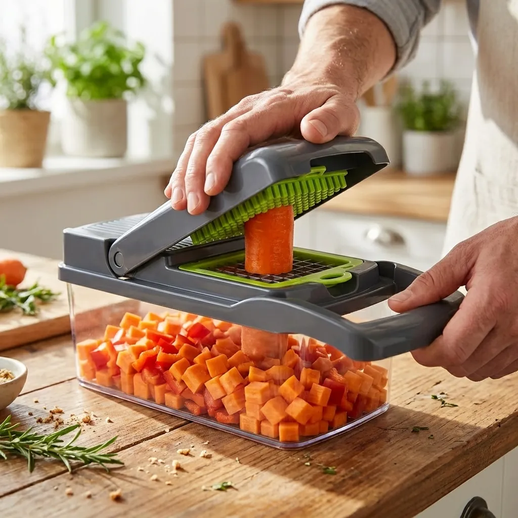 Paso 2: Presiona tus vegetales para obtener cortes uniformes en el contenedor.