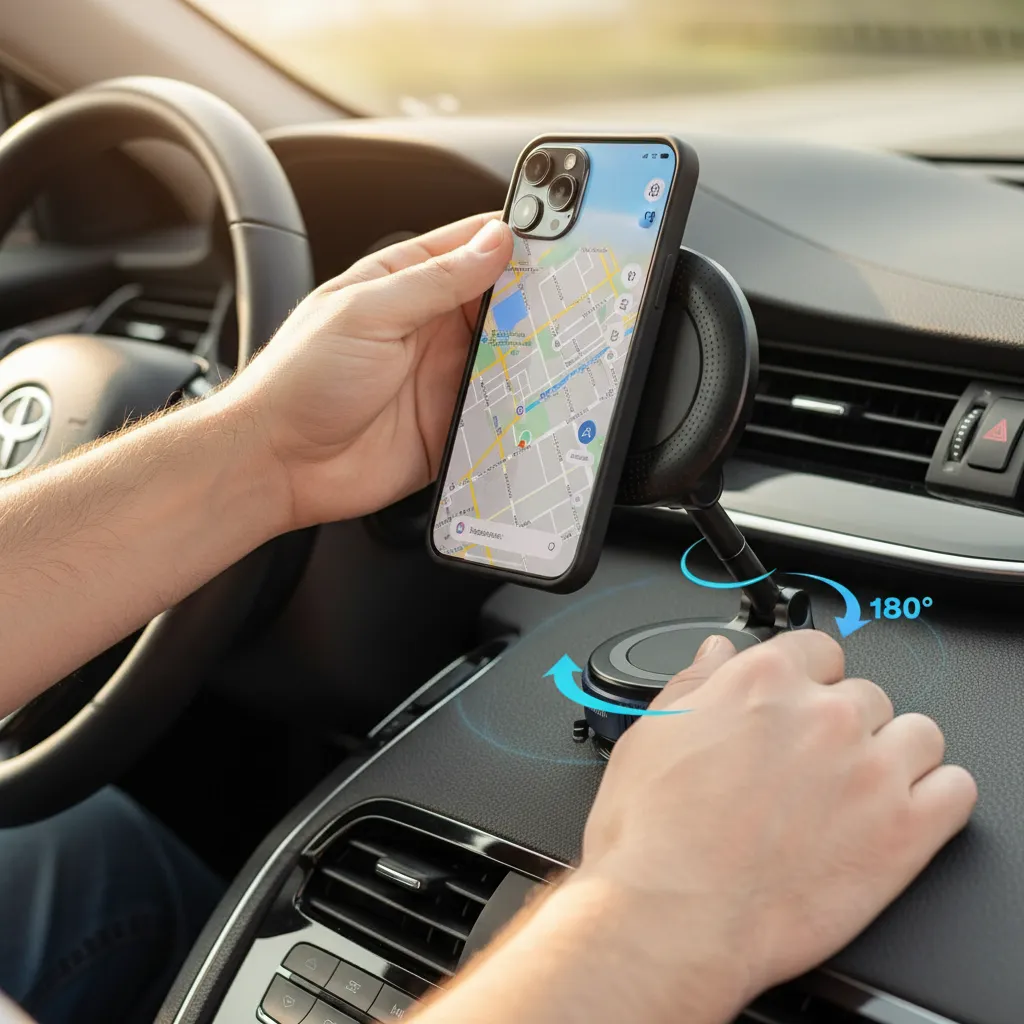 Paso 3: Ajusta el ángulo perfecto y coloca tu teléfono magnéticamente.