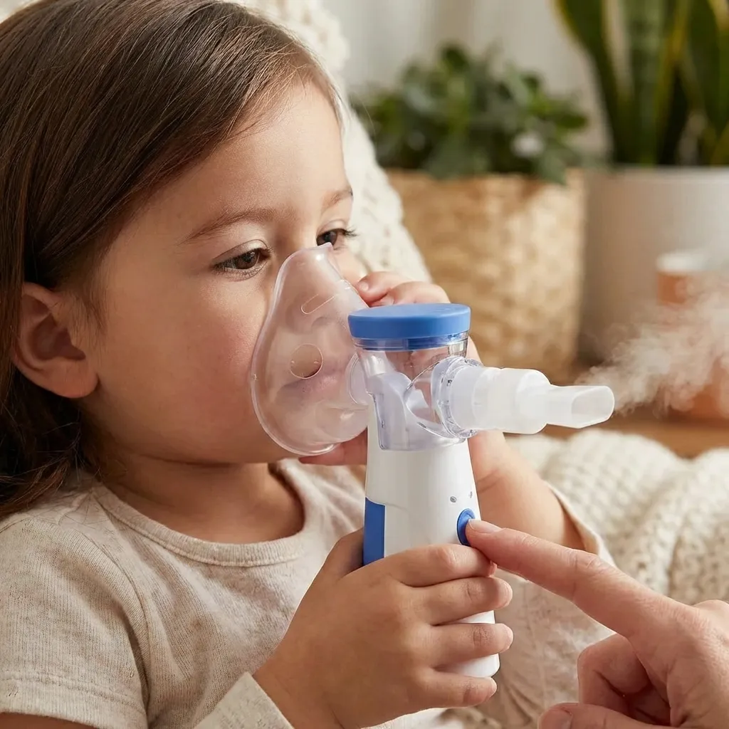 Paso 2: Ajusta la mascarilla infantil y presiona el único botón.
