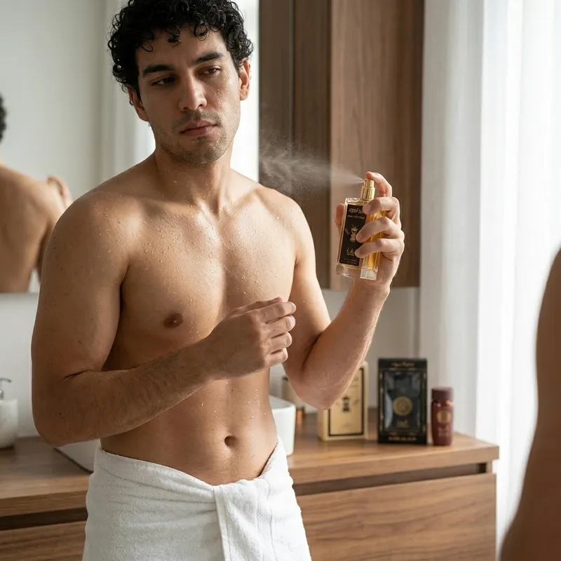 Hombre aplicando perfume tras la ducha