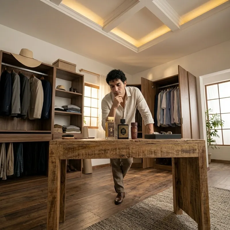 Hombre eligiendo fragancia en vestidor