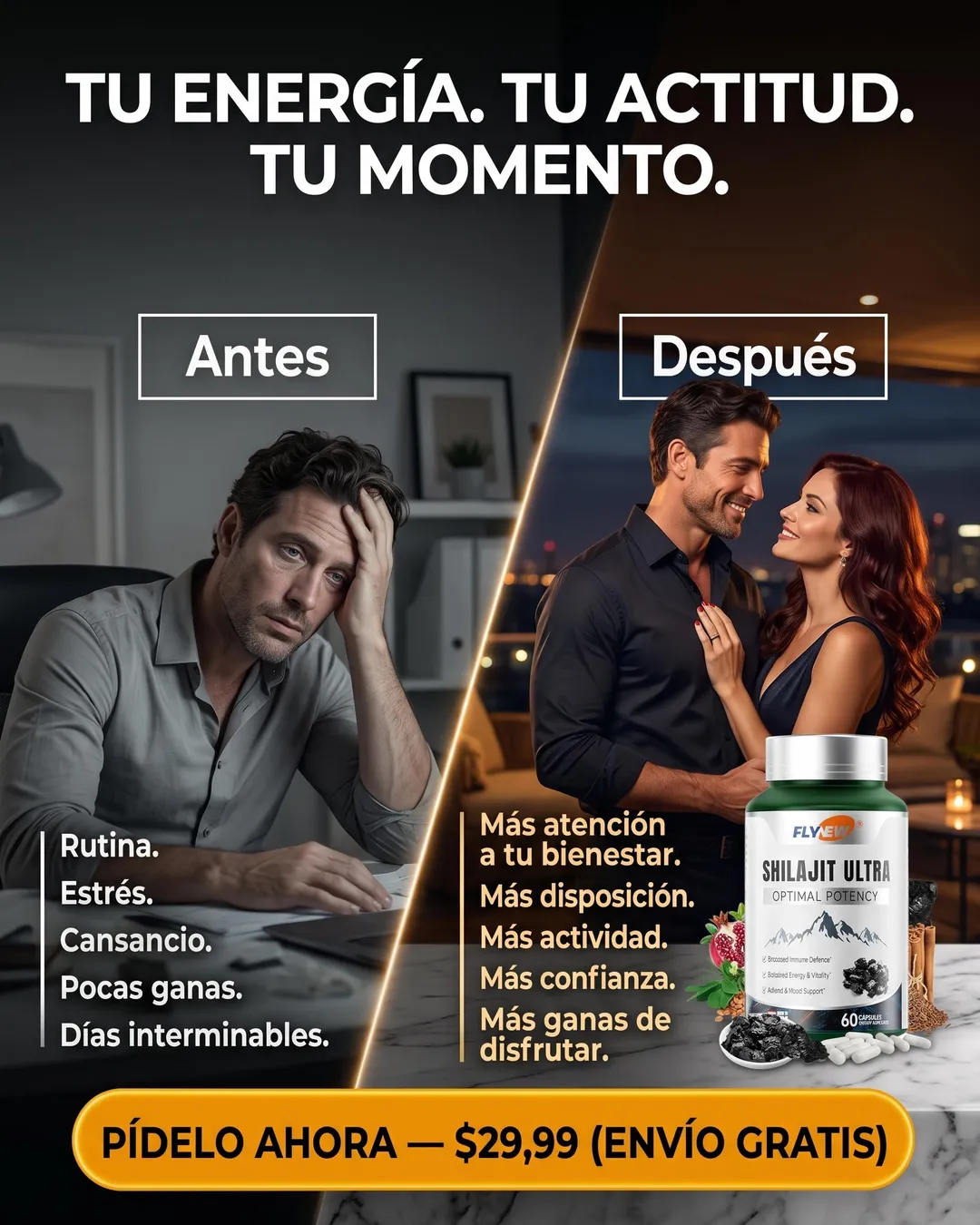 Sección visual de antes y despues para PowerShilajit