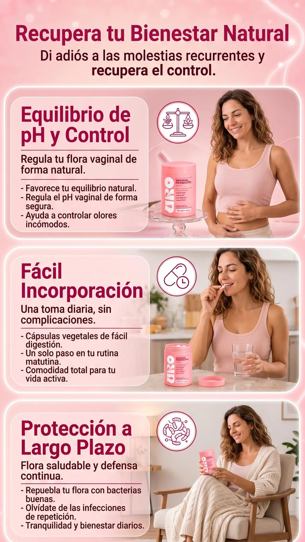 Sección visual de beneficios para Probiotico uro