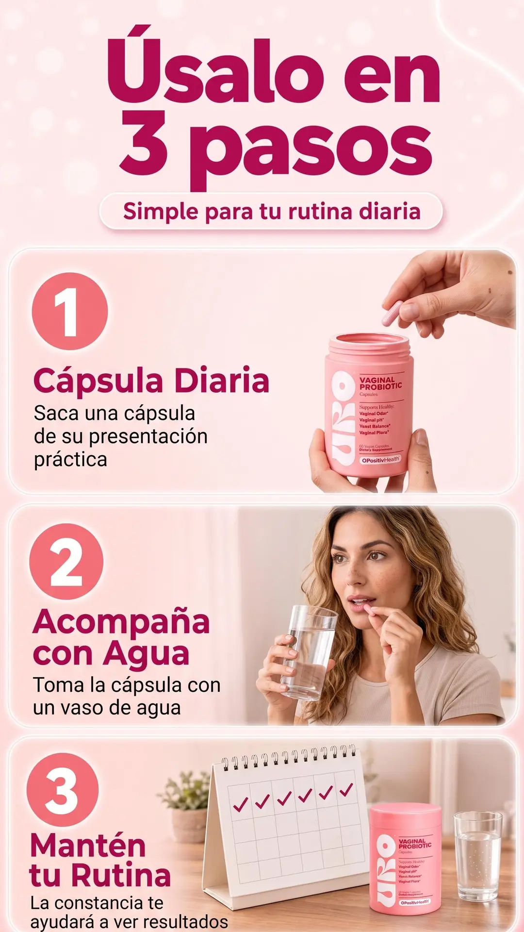 Sección visual de como usar paso a paso para Probiotico uro