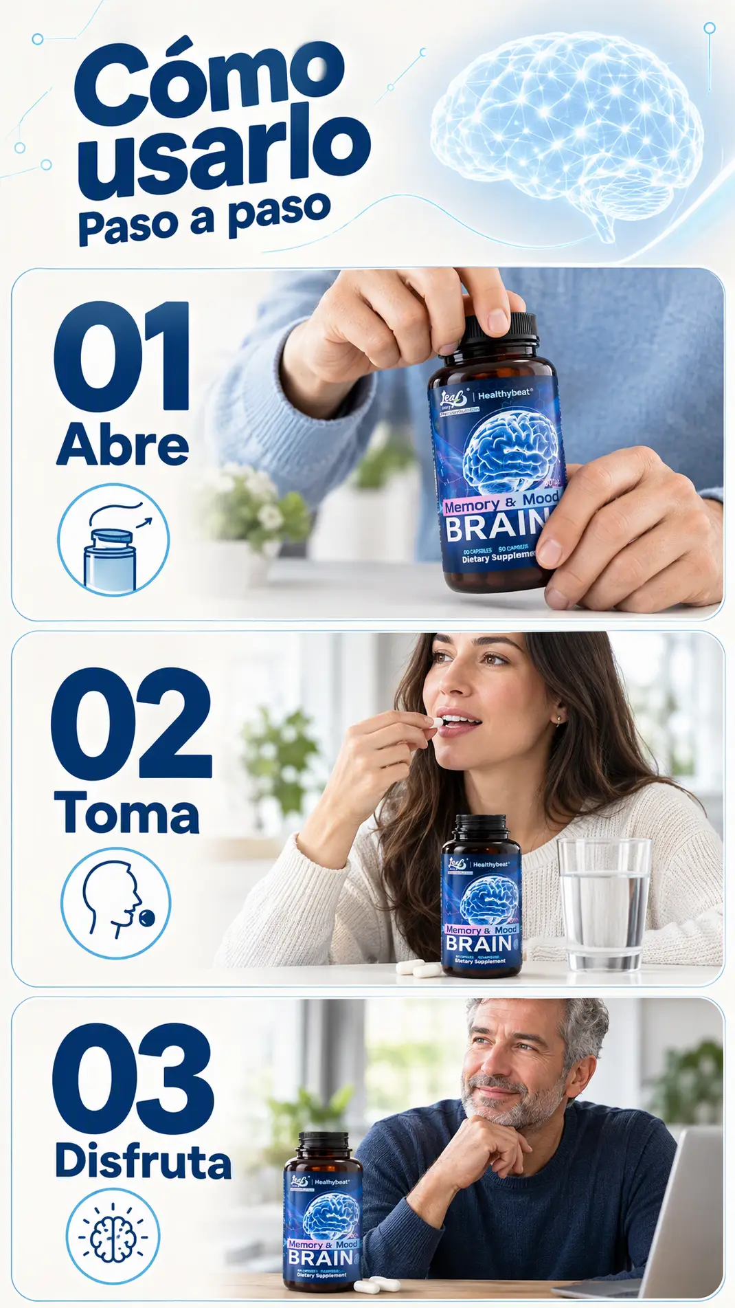 Sección visual de como usar paso a paso para Bienki brain