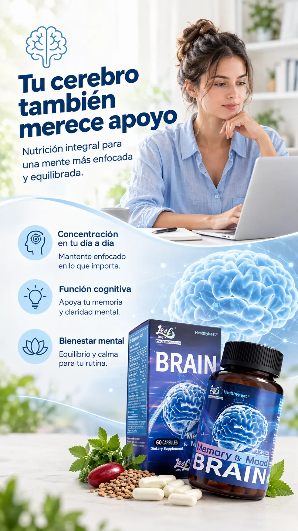 Sección visual de beneficios para Bienki brain