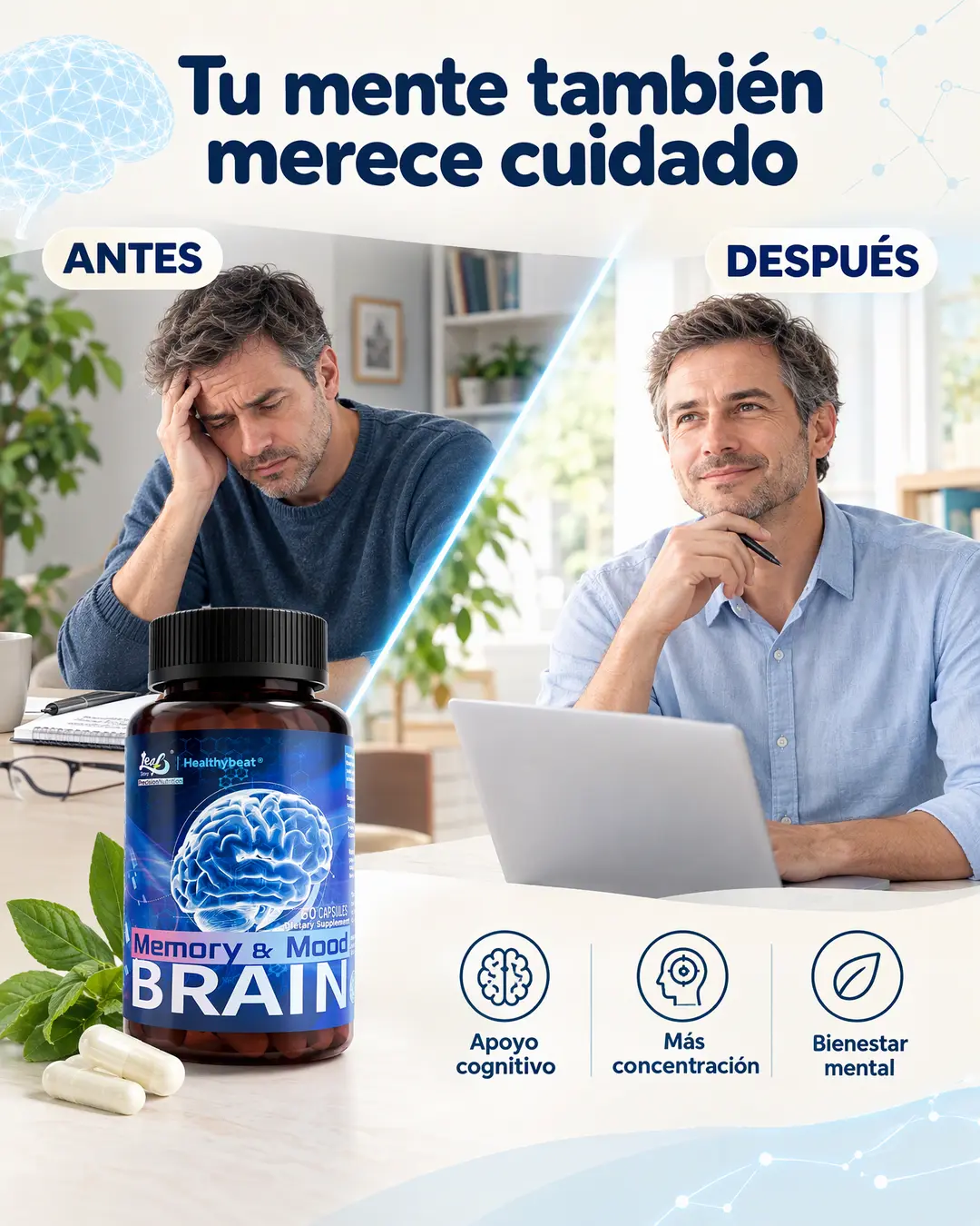 Sección visual de antes y despues para Bienki brain