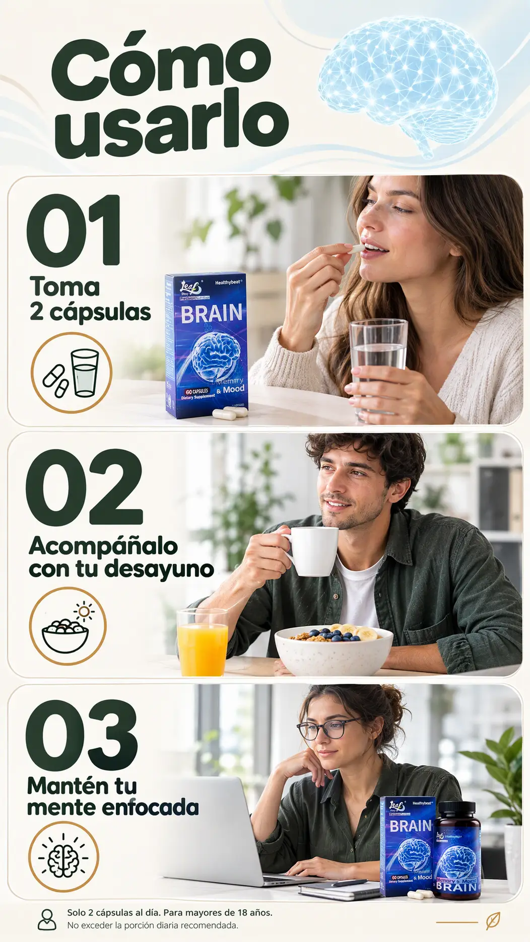 Sección visual de como usar paso a paso para Bienki brain