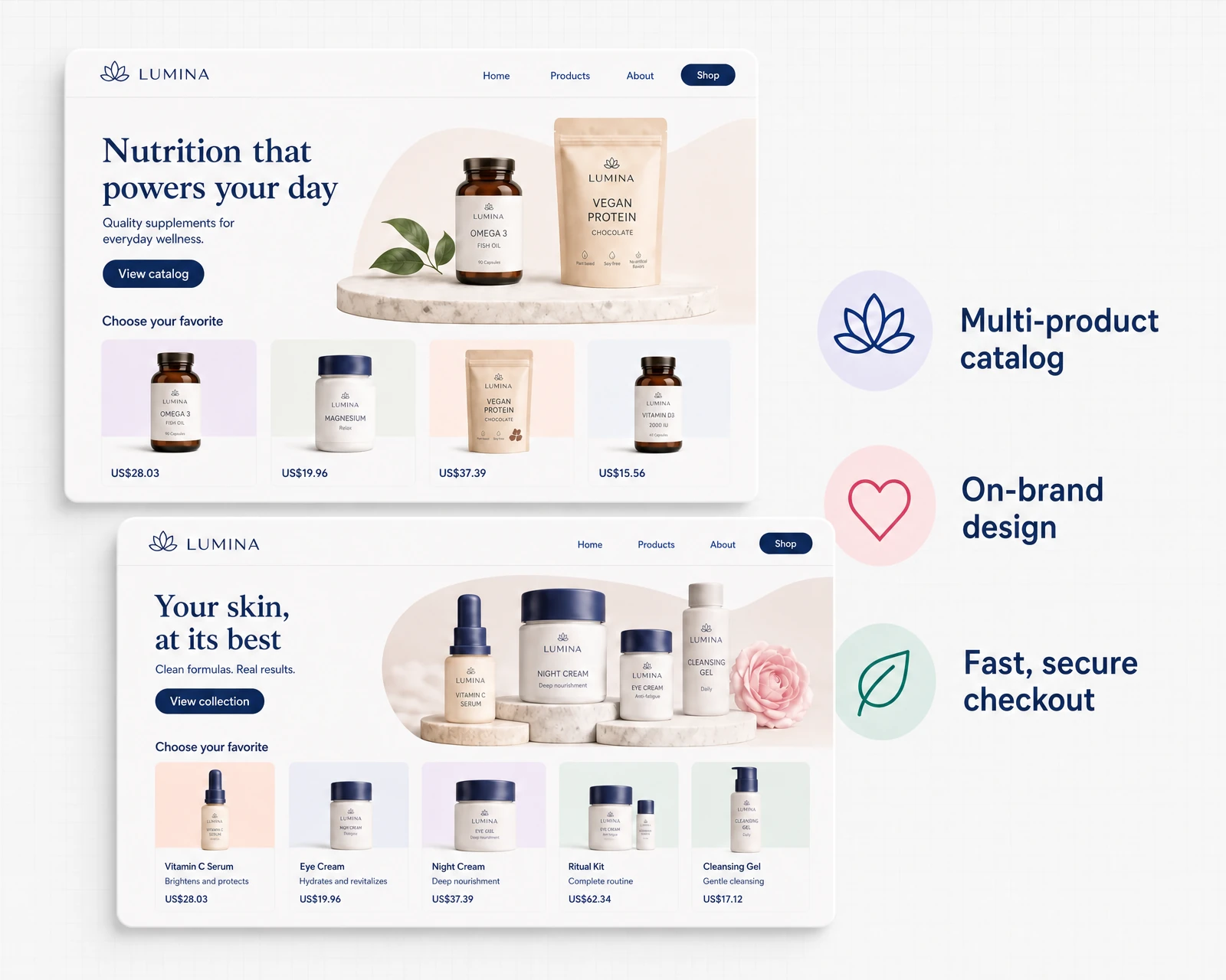 Two multiproduct stores created with Fluxi