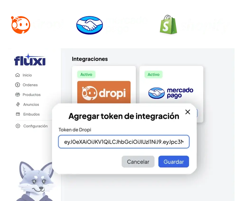 fluxi se integra con dropi, mercado pago y shopify